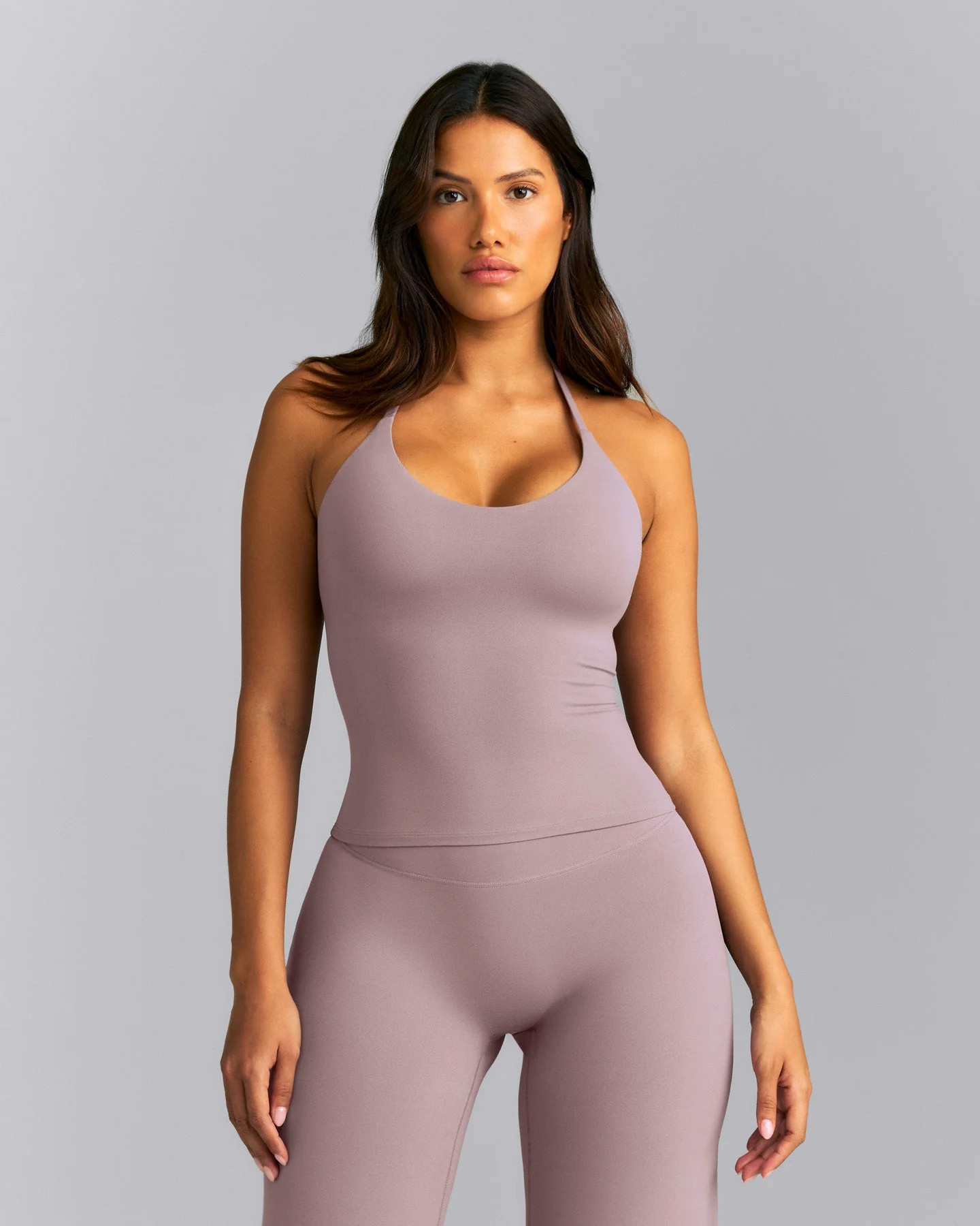 SoftMotion™ Strappy Halter Neck Tank Top with Built in Bra Shelf | Dusty Purple | Oner Active (UK / US)