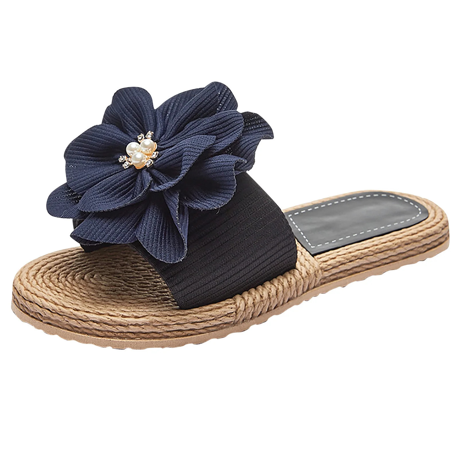Awdenio Summer Flats Shoes for Women, Ladies Summer Woven Flip-flops Navy Blue Flower Pearl Flat ... | Walmart (US)