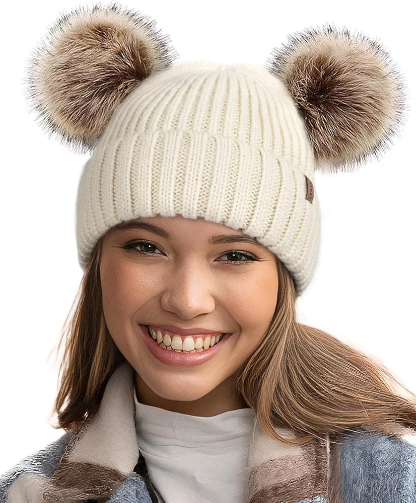 FURTALK Fleece Lined Cute Winter Beanie Hats for Women Girls Warm Knit Hats with Double Faux Fur ... | Amazon (US)