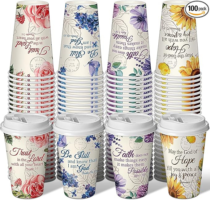 Dandat 100 Pcs Christian Disposable Coffee Cups with Lids 16 oz Floral Tea Scripture Paper Cups B... | Amazon (US)