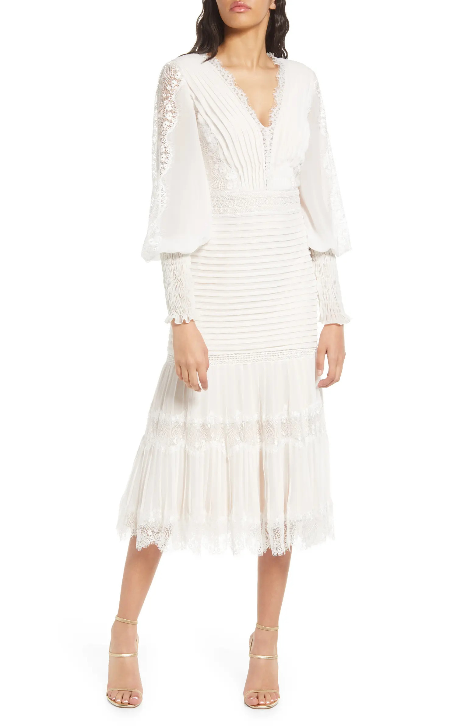 Lace Pintuck Long Sleeve Midi Cocktail Dress | Nordstrom
