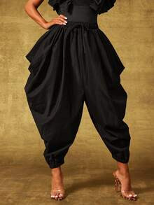 Vixey Pleated Oversized Pleated Structure Elastic Waistband Harem Joggers, Going Out | SHEIN
