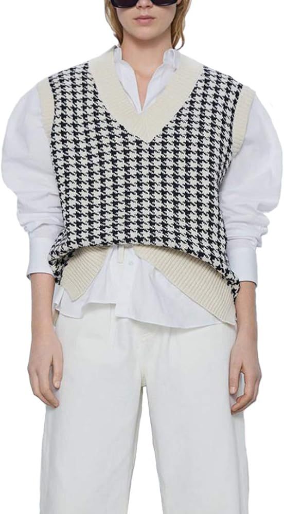 Suéter de punto de gran tamaño sin mangas con cuello en V de los años 90 con estampado gráfico vinta | Amazon (US)