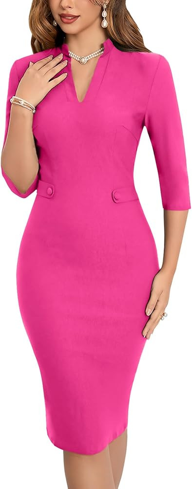 MUXXN Women's 1950s Retro 3/4 Sleeve V Neck Midi Sheath Vintage Cocktail Work Pencil Dresses | Amazon (US)