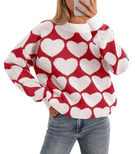 Saodimallsu Womens Heart Sweaters Valentines Fuzzy Knit Crewneck Cute Loose Sweaters White | Amazon (US)