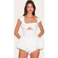 White Woven Puffball Cap Sleeve Romper | PrettyLittleThing US