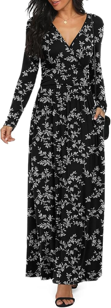 LILBETTER Women Long Sleeve Deep V Neck Loose Plain Long Maxi Casual Dress | Amazon (US)