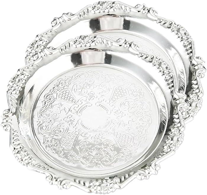 Silver Decorative Tray Set of 2, 10'' Round Vintage Metal Serving Tray, Medium Ornate Coffee Tabl... | Amazon (US)