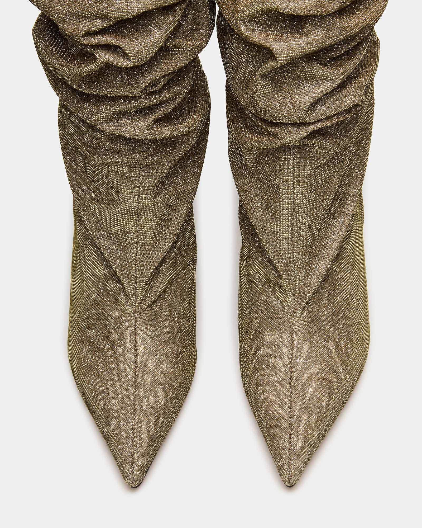 DISTORTION Gold Glitter Pointed-Toe Scrunched Knee-High Wedge Women's Boot | Steve Madden (US)