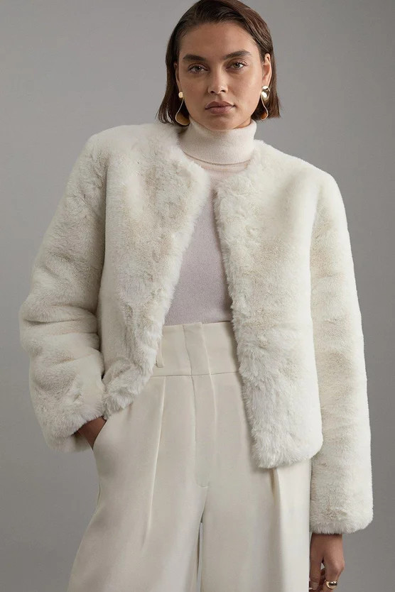 Collarless Faux Fur Jacket | Karen Millen UK + IE + DE + NL