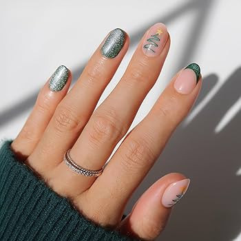 Glamnetic Press On Nails - Velvet Pine | Short Oval Fake Nails in Deep Green with French Tips, Tr... | Amazon (US)