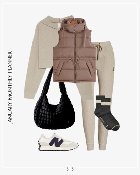 Monthly outfit planner: JANUARY: Winter looks | Alo Muse sweatshirt + joggers, New Balance sneakers, puffer vest, nylon tote, Alo crew socks 

Athleisure, activewear, weekend wear, loungewear 

See the entire calendar on thesarahstories.com ✨ 

#LTKfitness #LTKstyletip