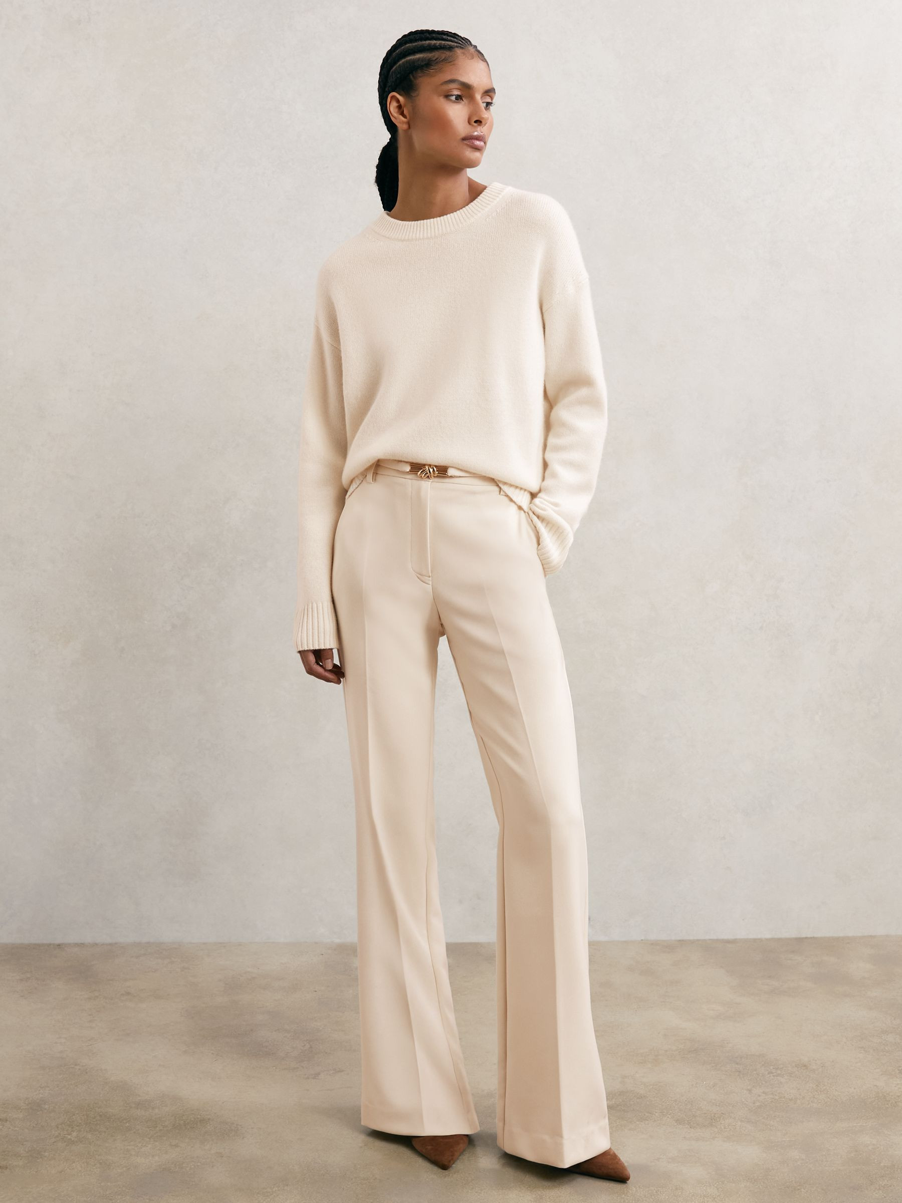 Reiss Flared Knot-Hardware Belted Trousers in Cream - REISS | Reiss UK