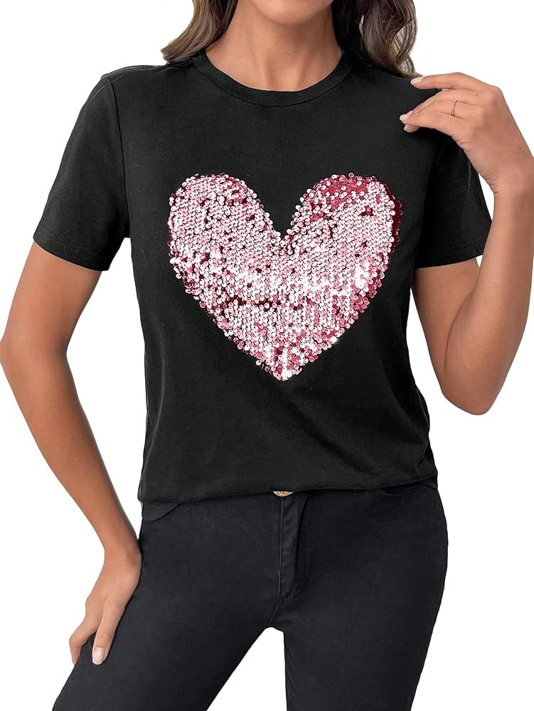 SweatyRocks Women's Casual Short Sleeve Round Neck Tee Cute Sequins Heart Pullover T Shirt | Amazon (US)