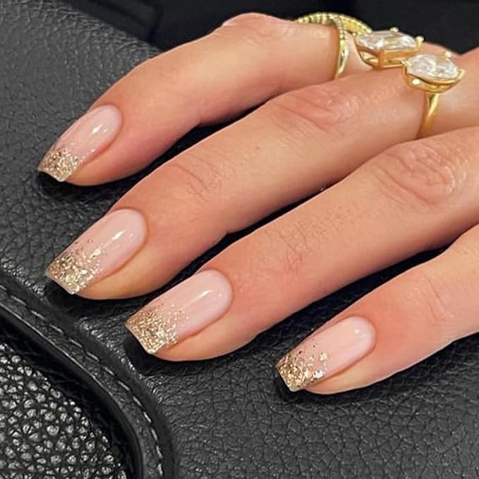 MERVF Square Press on Nails Medium Fake Nails Gold Glitter French Tip Glue on Nails Ombre Design ... | Amazon (US)