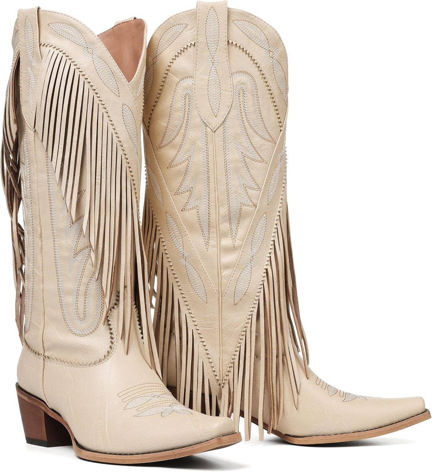 Cowboy Boots for Women Fringe Knee High Cowgirl Western Boots with Classic Embroidery Pointed Toe Chunky Heel for Weddings Parties | Amazon (US)