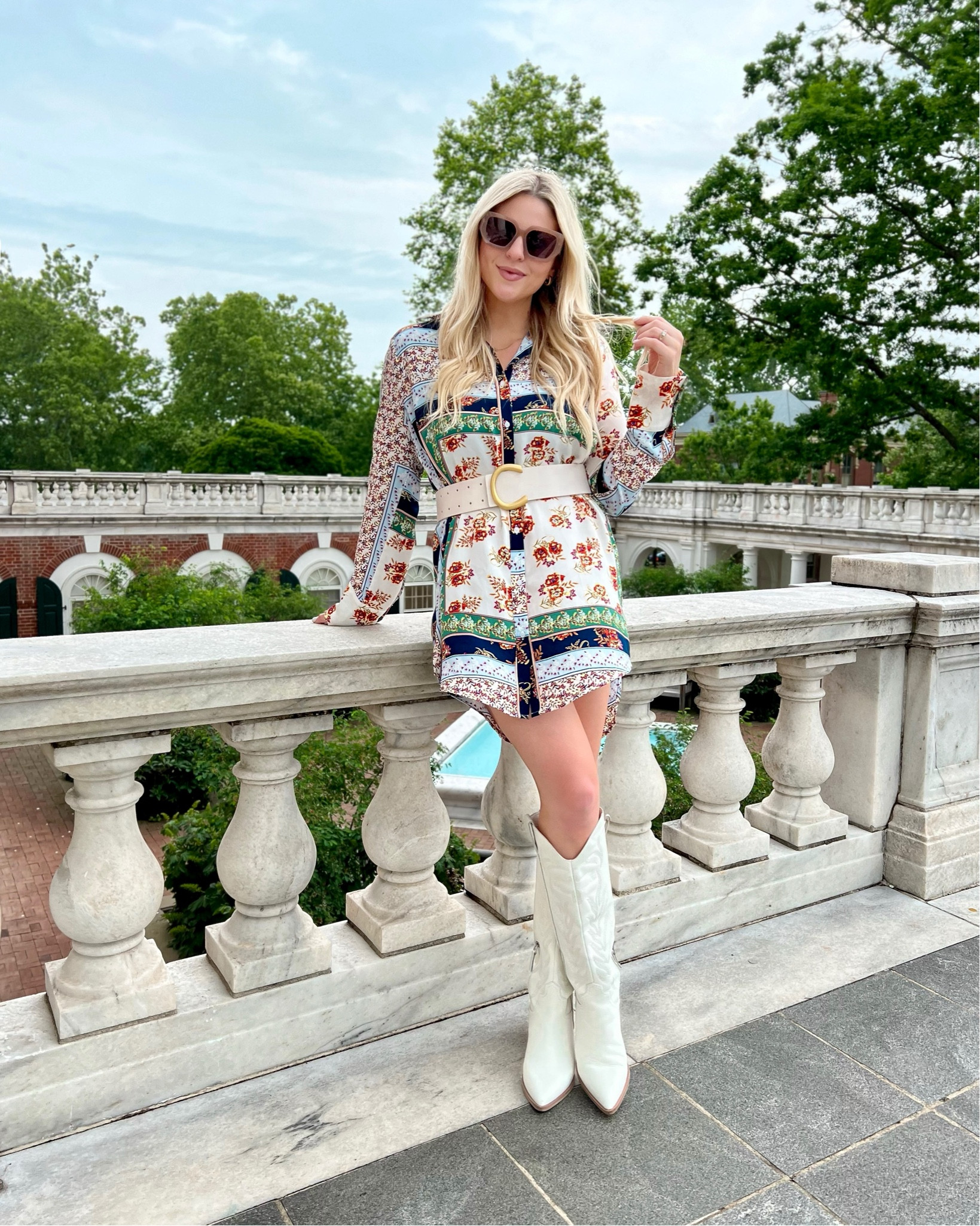 Vici printed shirt dress, ivory faux leather belt, dolce vita white cowboy boots, affordable sunglasses

#LTKU #LTKtravel #LTKunder100