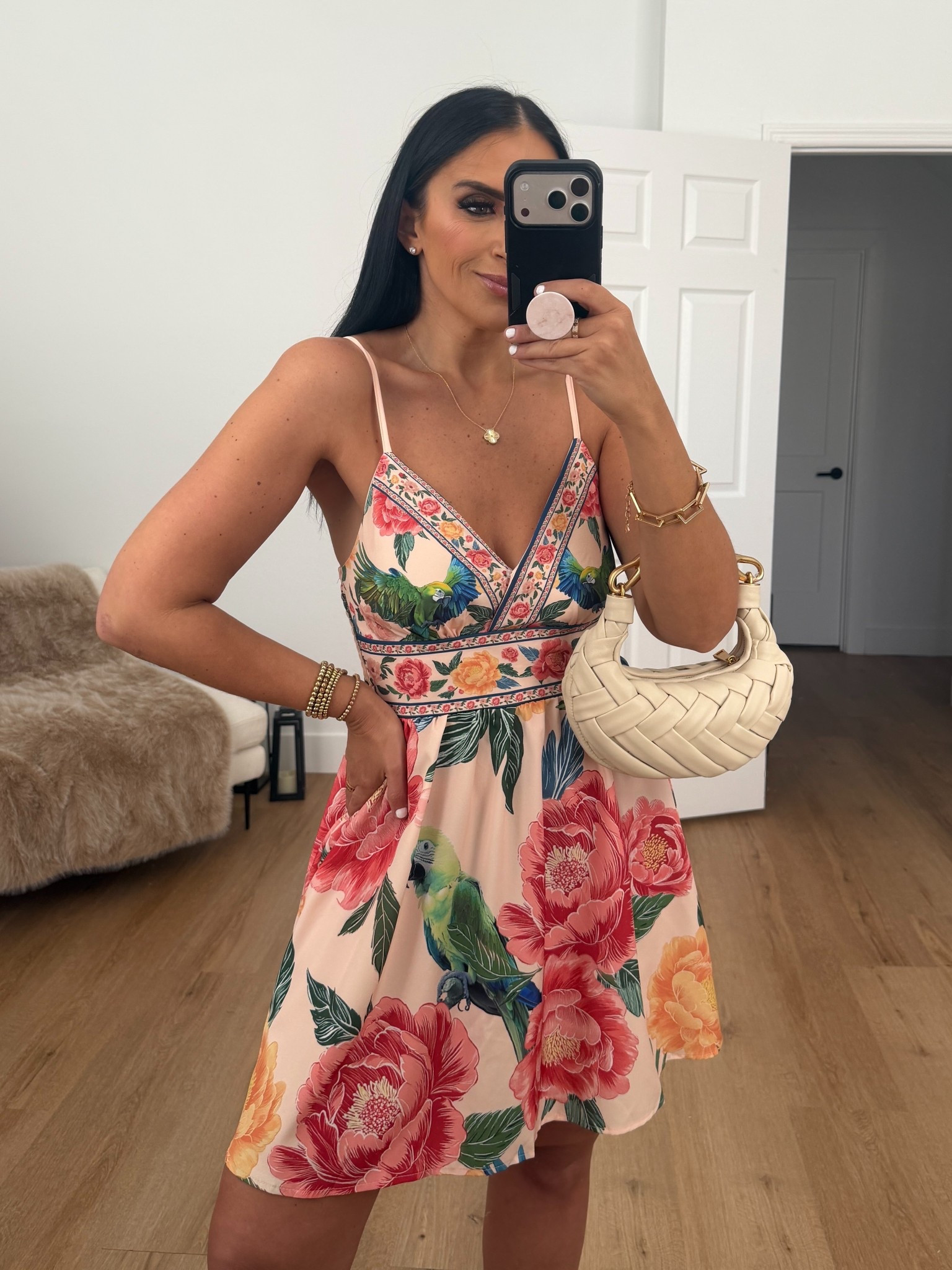 Women's Floral V Neck Short Cami Dress wearing size medium. 
