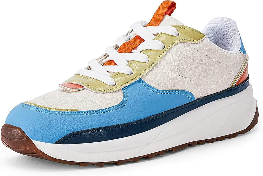 Womens Lace Up Platform Sneakers Retro Colorblock Faux Leather Suede Splicing Comfortable Non Sli... | Amazon (US)