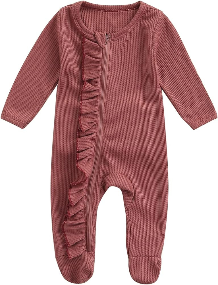 Newborn Baby Girl Footie Waffle Knit Romper Zippers Ruffle Onesie Fall Winter Clothes | Amazon (US)