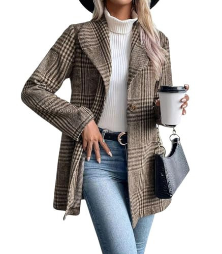 chouyatou Women's Vintage Plaid Blazer Wool Coat Elegant Shawl Collar Wool Blend Trench Pea Coat (X-Large, Brown) | Amazon (US)