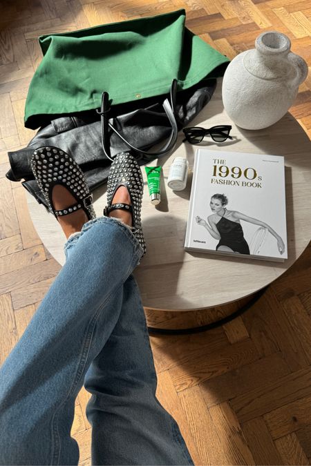 Alaia Crystal Ballet Flats + The Row Idaho Bag | Green Bag | Agolde Denim Jeans | Green Tote Bag 

#LTKfamily #LTKeurope #LTKstyletip