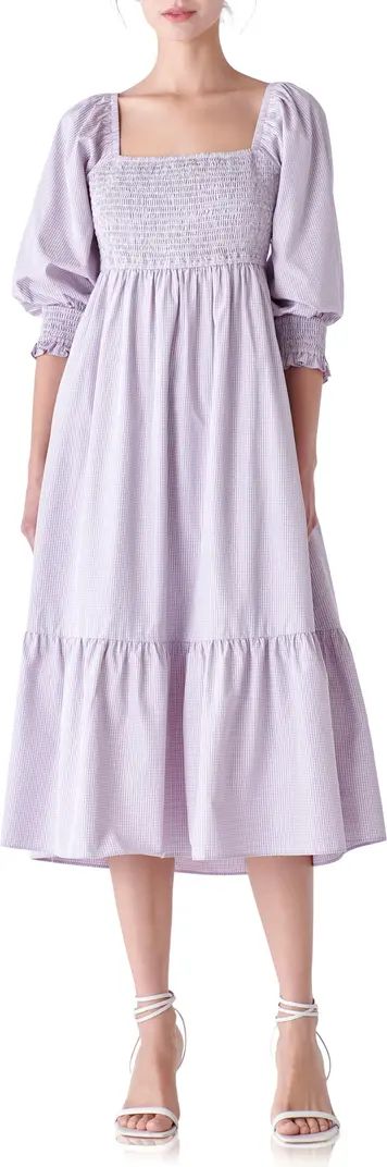 English Factory Gingham Smocked Puff Sleeve Midi Dress | Nordstrom | Nordstrom