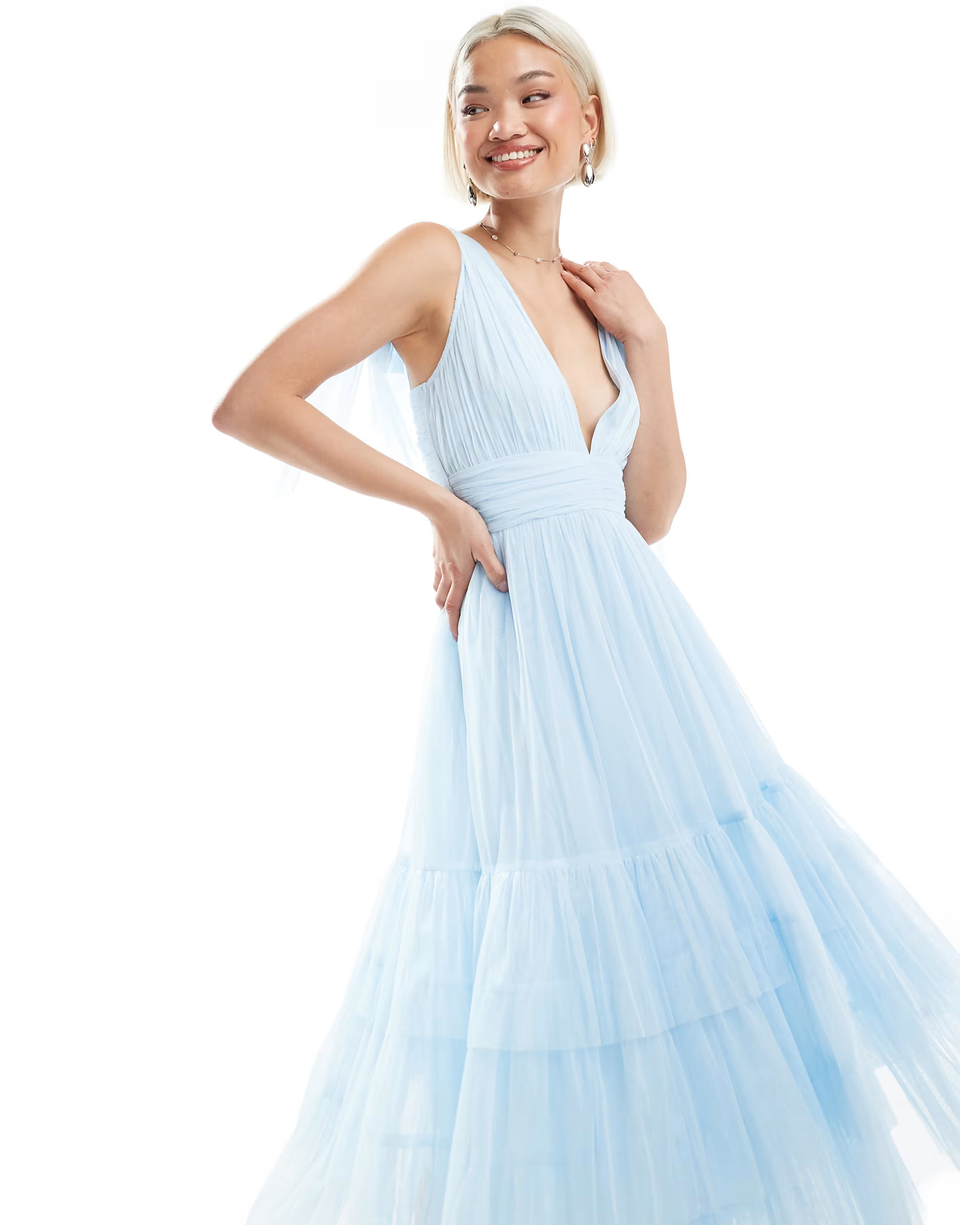 Lace & Beads Bridesmaid Madison bow shoulder tiered midi dress in powder blue | ASOS | ASOS (Global)