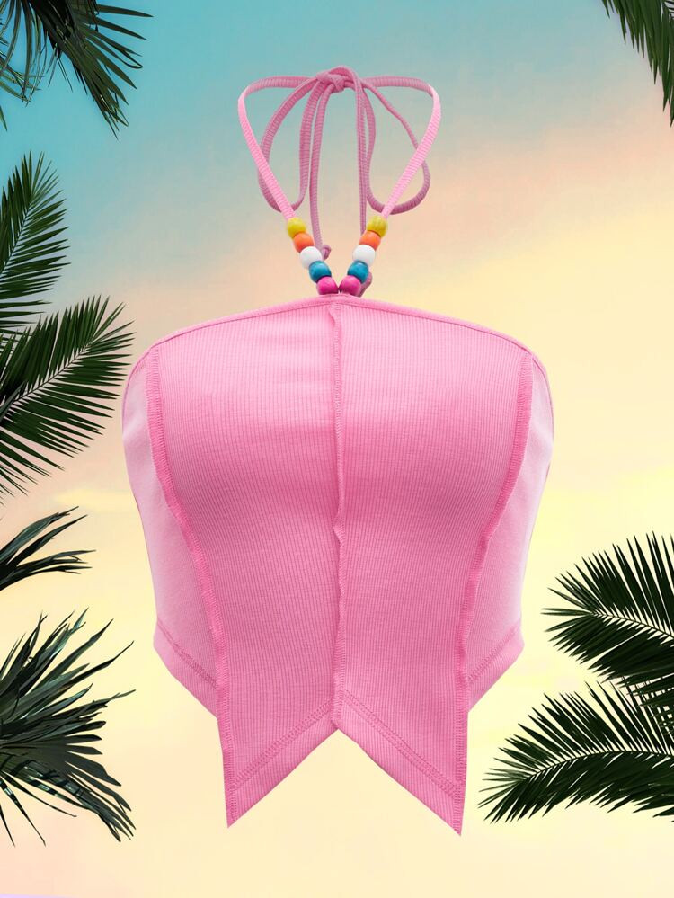 SHEIN Ribbed Knit Asymmetrical Hem Halter Top | SHEIN