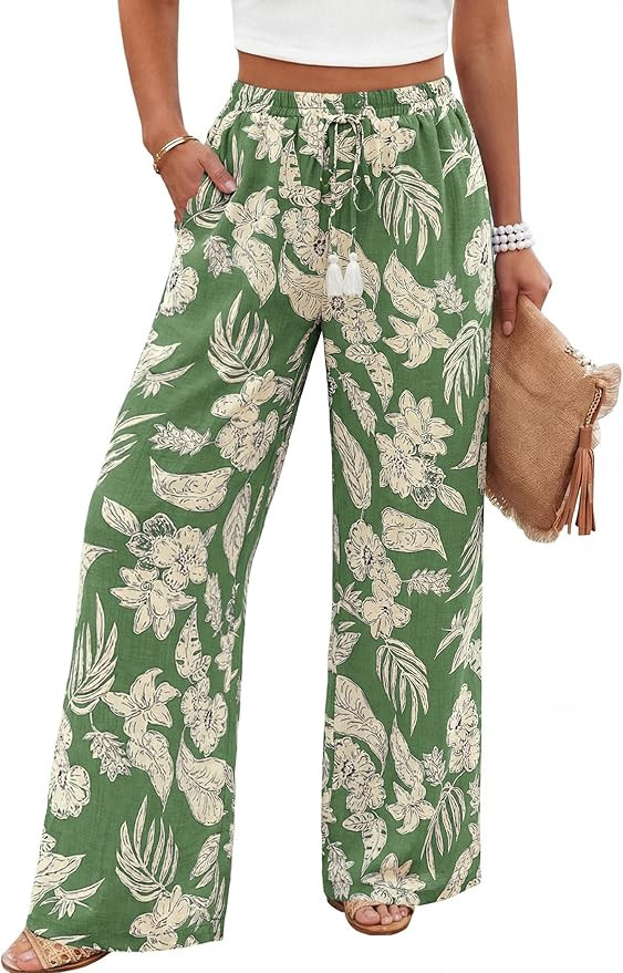 LOOKBOHO Women's Wide Leg Pants High Waisted Drawstring Loose Palazzo Pant Trendy Casual Flowy Be... | Amazon (US)