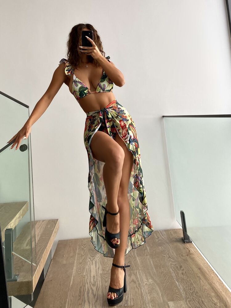 Tropical Print Frill Trim Micro Triangle Bikini Swimsuit With Beach Skirt | SHEIN