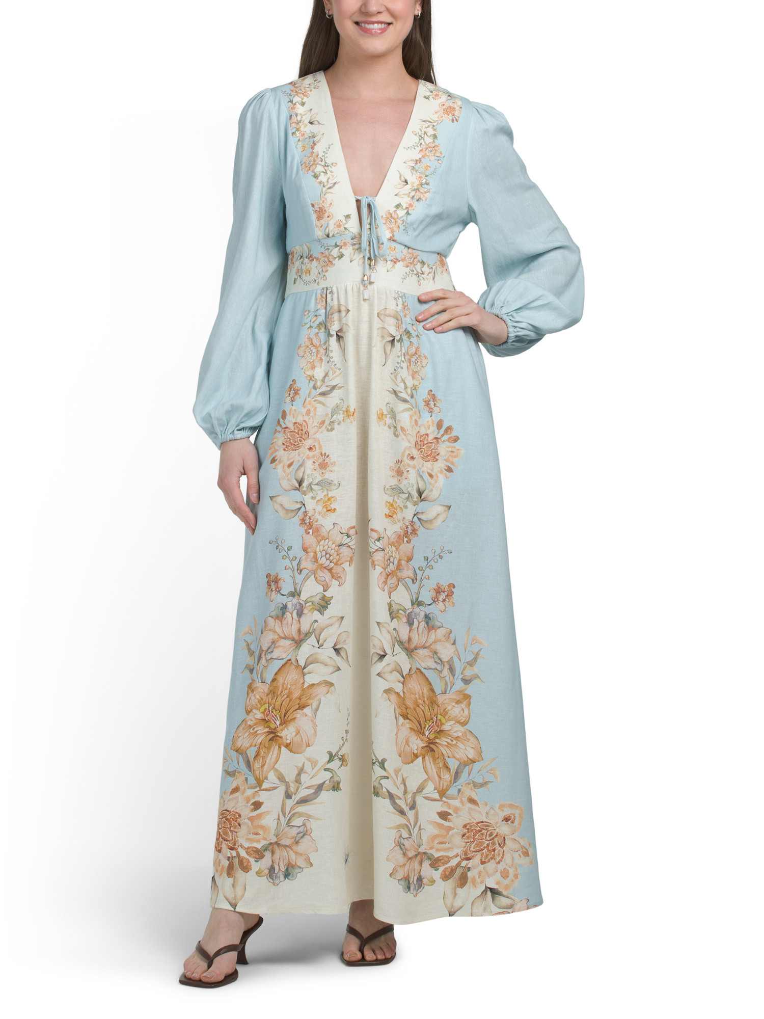 Linen Blend Plunging V-neck Midi Dress With Side Pockets And Tipping | TJ Maxx