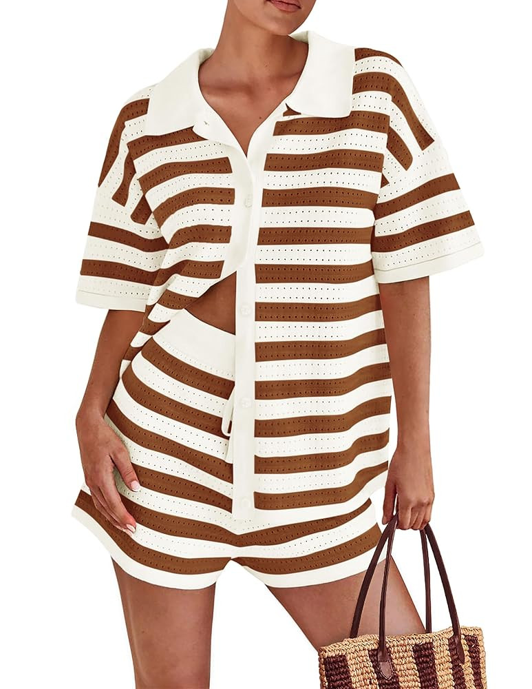 PRETTYGARDEN Women's 2 Piece Shorts Sets Casual Summer 2025 Short Sleeve Striped Sweater Set Matc... | Amazon (US)