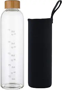 sunkey 32 oz Glass Water Bottle with Time Marker Bamboo Lid Neoprene Sleeve for to Go Travel Gym ... | Amazon (US)