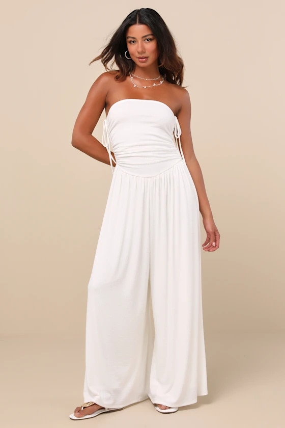 Halloran White Pointelle Strapless Wide-Leg Jumpsuit | Lulus