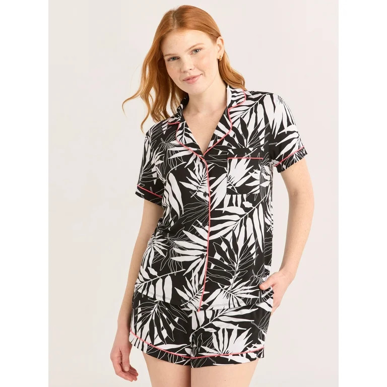 Joyspun Women’s Notch Collar Top and Shorts Pajama Set with Piping, 2-Piece, Sizes XS-3X | Walmart (US)