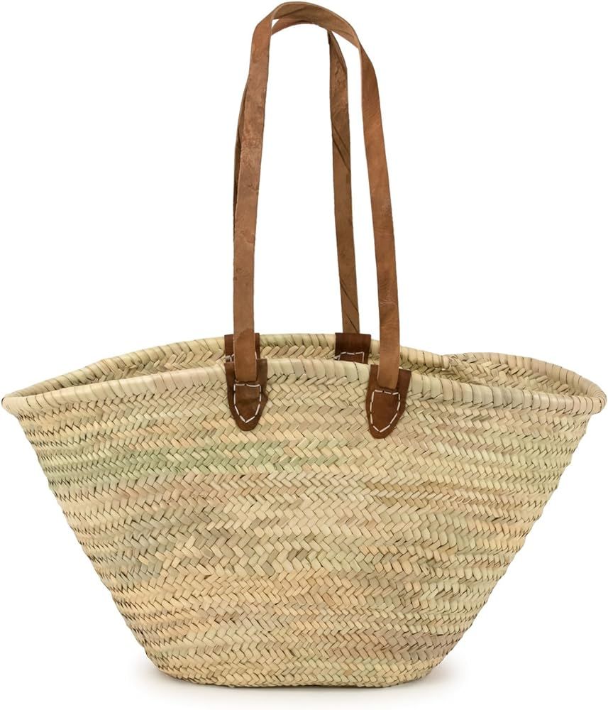 Moroccan Straw Market Shoulder Bag w/Leather Shoulder Straps - 21"Lx14"H - Palma | Amazon (US)