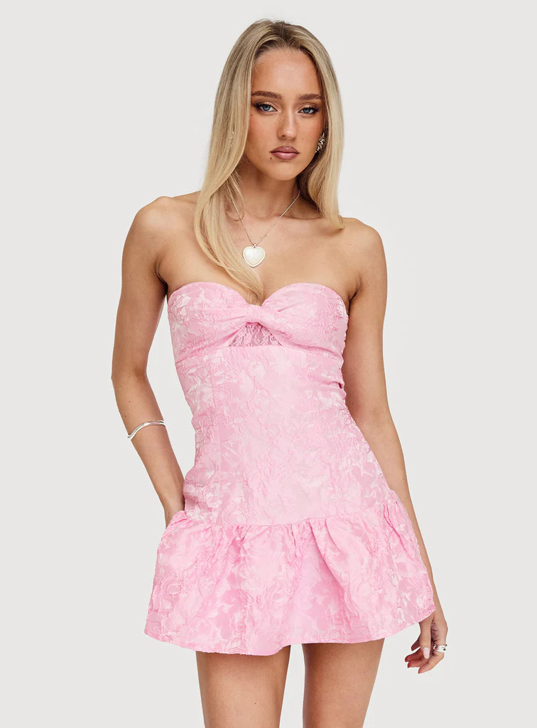 Aubriana Strapless Mini Dress Pink Jacquard | Princess Polly US