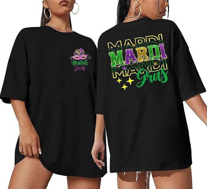 Mardi Gras Oversized Shirt for Women New Orlean Carnival Tee Shirt Holiday Short Sleeve Tops | Amazon (US)