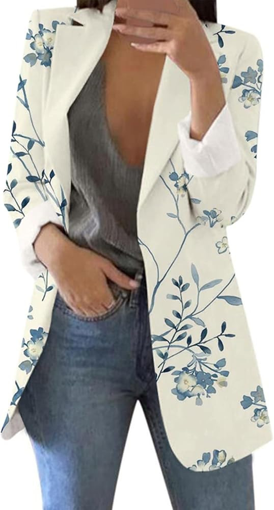 Floral Blazers for Women Long Sleeve Trendy Casual Open Front Printed Dressy Fitted Suit Jackets | Amazon (US)