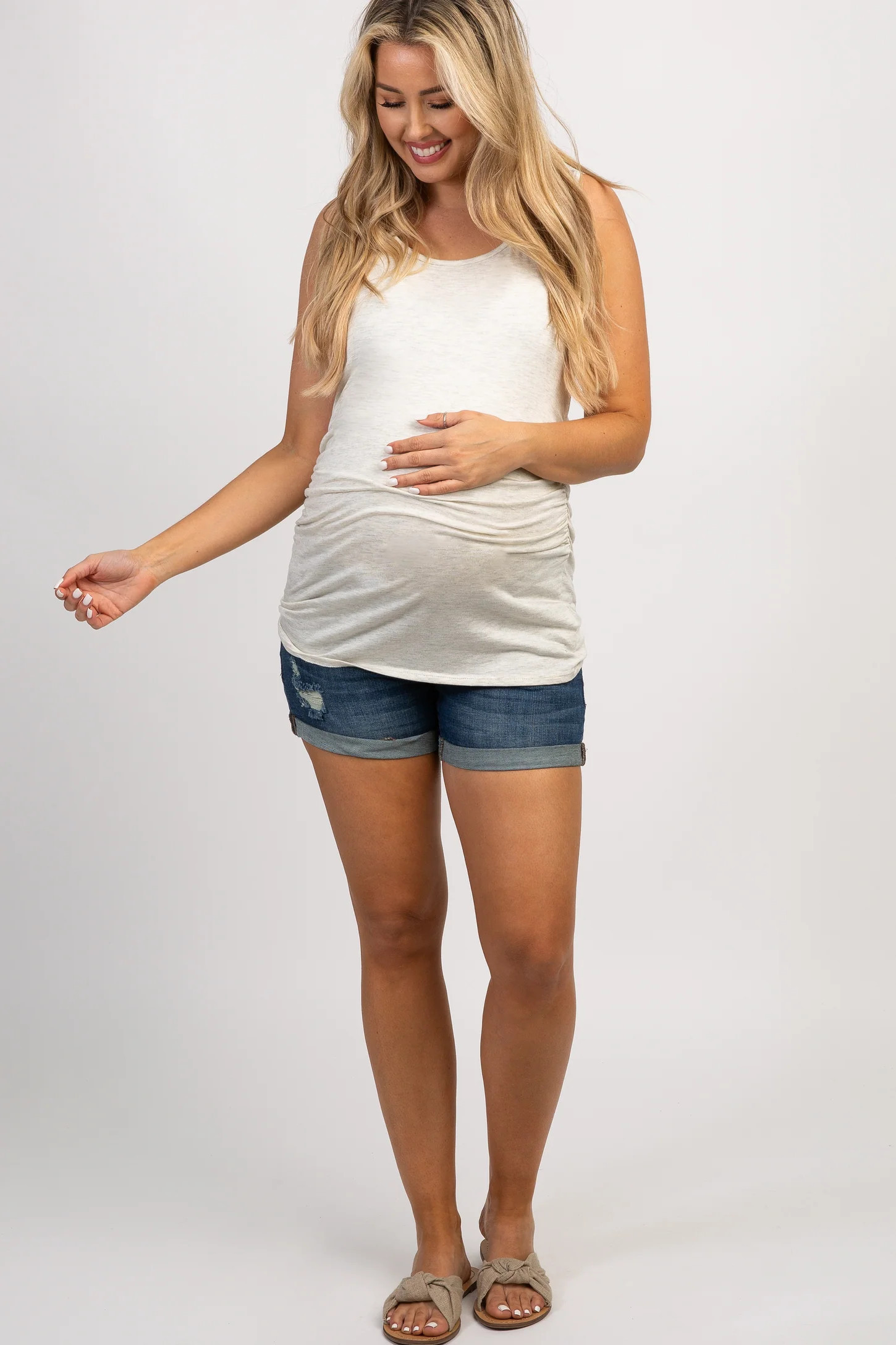 PinkBlush Navy Blue Distressed Rolled Hem Maternity Denim Shorts | PinkBlush Maternity