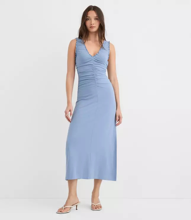Ruffle Double V Ruched Midi Dress | LOFT