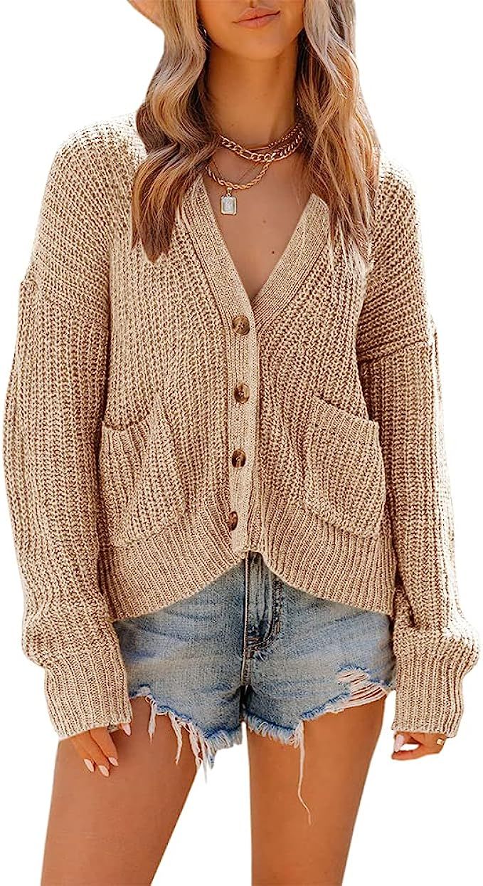 TTshoes Womens Open Front Button Down Cardigan Sweaters Long Sleeve Casual Chunky Knit Loose Cozy... | Amazon (US)