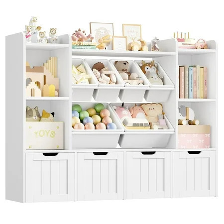 Hiphuta 3 Tier Kids Bookcase with Toy Storage Organizer, Wood Toy Organizer of 6 Boxes & 4 Removable Drawers, White | Walmart (US)