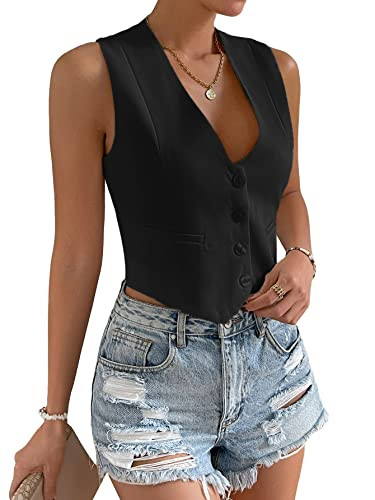 Floerns Women's Solid Sleeveless Button Front V Neck Vest Waistcoat Crop Top | Amazon (US)