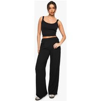boohoo Women's Textured Pleat Detail Wide Leg Trouser in Black | Size: 6 | Knitted | boohoo (US & Canada)