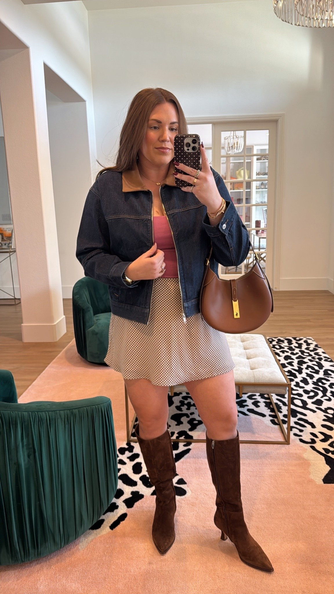curvy midsize look for fall! wearing size large in bra-free cami, brown gingham skort, and denim jacket 

#LTKSeasonal #LTKMidsize #LTKFindsUnder100