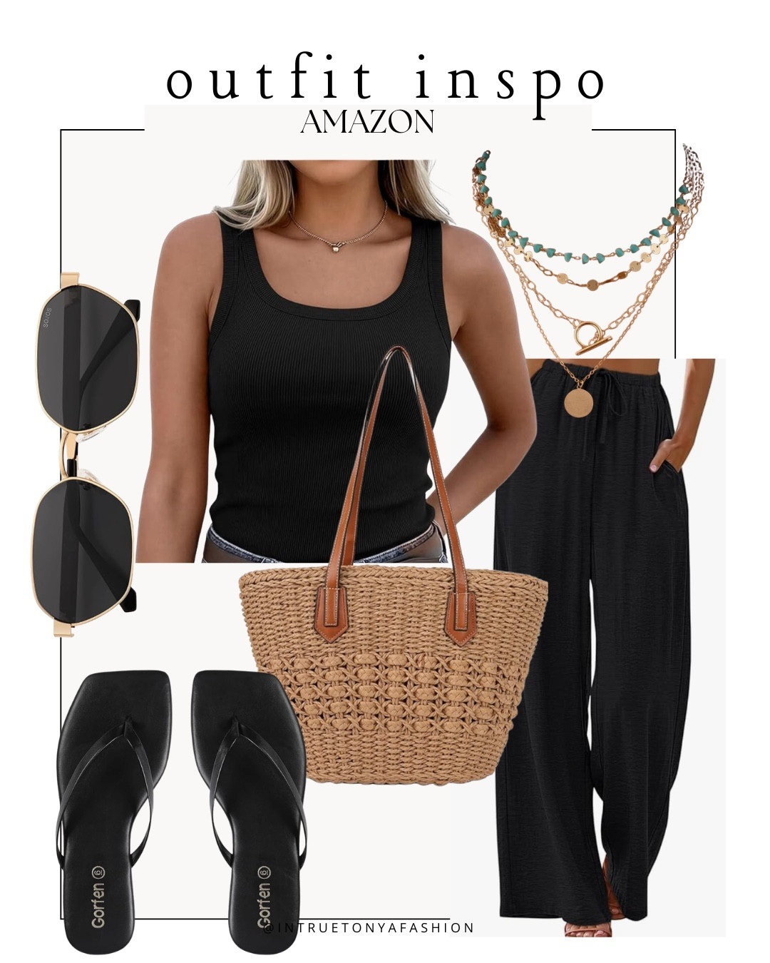 Black tank top, black linen pants, square toe sandals, sunglasses and stacked necklaces 






Amazon outfits, summer outfit inspo, outfit ideas, casual outfits amazon, amazon outfits every day, spring outfits 2026, summer outfits

#LTKSaleAlert #LTKootd #LTKPetite