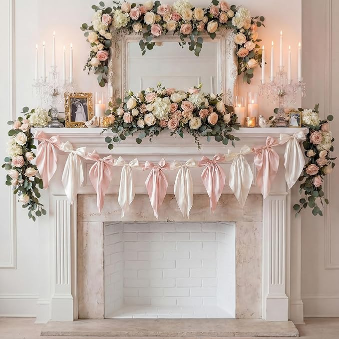 VitalCozy 1 PCS White Pink Bow Garland Banner, Satin Ribbon Hanging Party Bow Garland Decoration ... | Amazon (US)