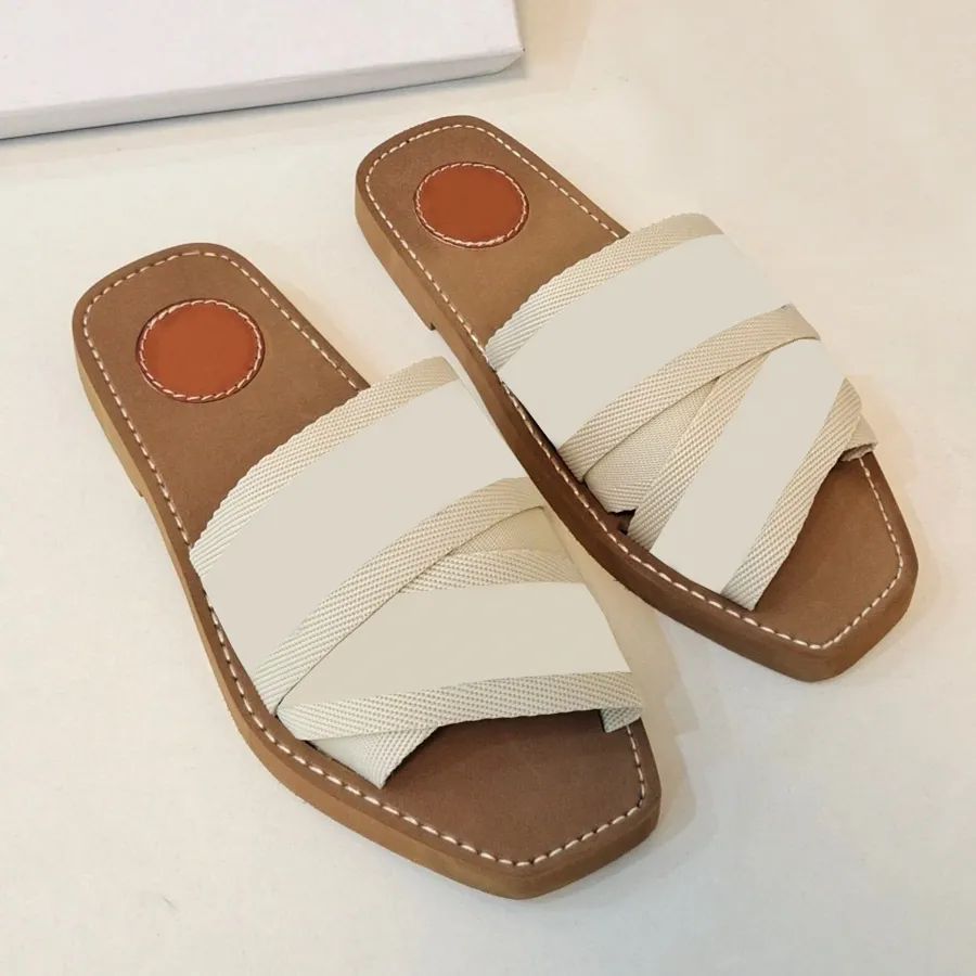 Women Slipper Lady Lettering Fabric Outdoor Leather Sole Slide Summer Wide Flat Canvas Sandal Fro... | DHGate